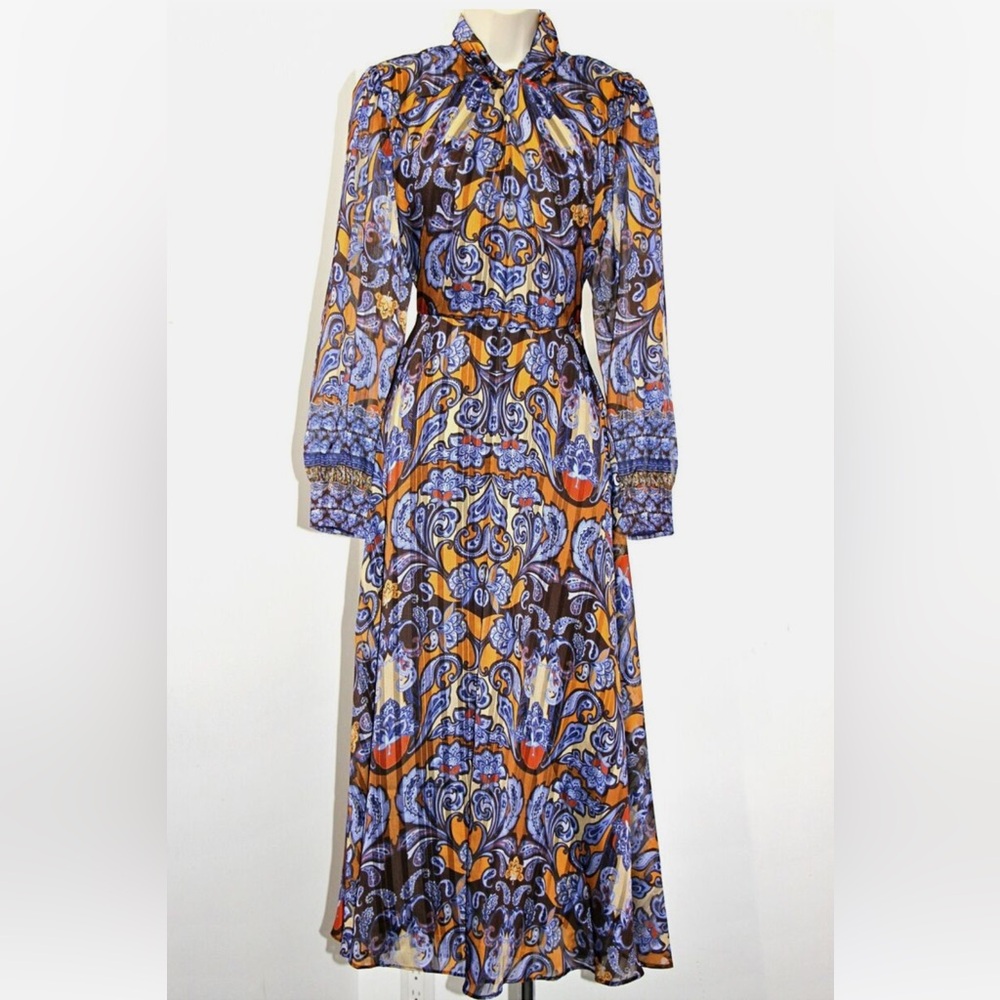 ELIE TAHARI Paisley Floral Twist Mock Neck Long Sleeve Midi Dress
